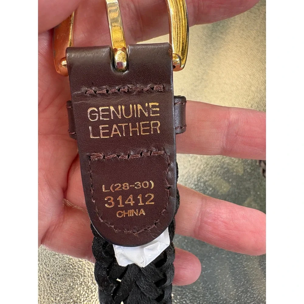 Dark Brown Braided Genuine Leather Belt Gold Tone Buckle Size L 28-30 31412